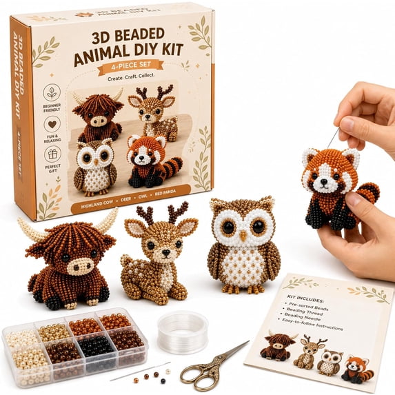 Tiny 3D Beaded Animal DIY Kit, 4PCS DIY Animal Beading Embroidery Kit, All Accessories Included Beads String Tools Guide, Stress Relief Focus for Desk Decor Vibrant Charm