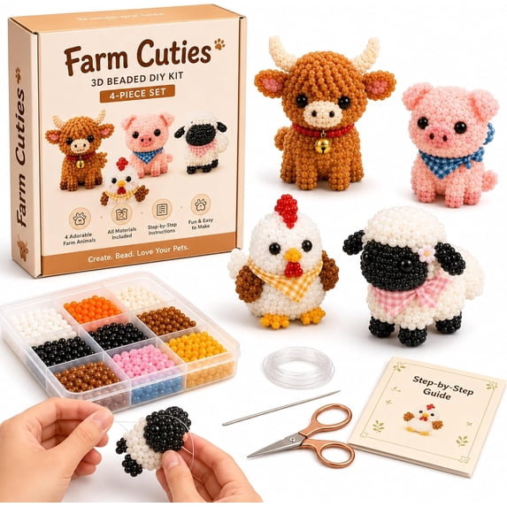 Tiny 3D Beaded Animal DIY Kit, 4PCS DIY Animal Beading Embroidery Kit, All Accessories Included Beads String Tools Guide, Stress Relief Focus for Desk Decor Vibrant Charm