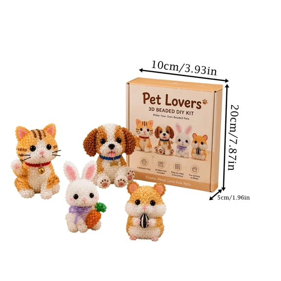 Tiny 3D Beaded Animal DIY Kit, 4pcs Cat Dog Rabbit Squirrel Seed Bead Crafts, Cute Handmade Pet Set for Adults Teens Beginners Stress Relief Gift Decor