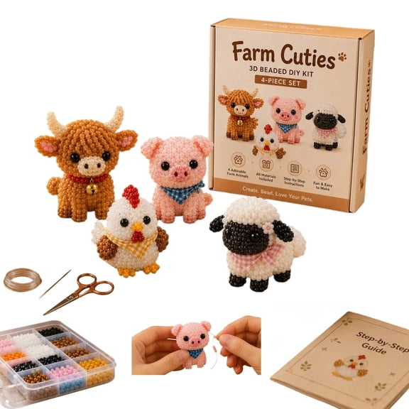 Tiny 3D Beaded Animal DIY Kit, Bead Embroidery Kit, 3D Bead Animal Making Kit for Beginners, Cute Animals Beading Craft Set with Instructions(Farm Cuties)