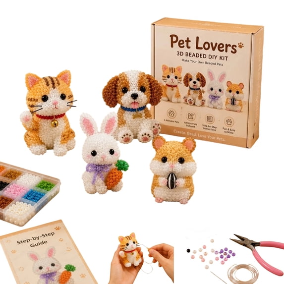 Tiny 3D Beaded Animal DIY Kit Bead Embroidery Kit, 3D Bead Animal Making Kit for Beginners, Cute Animals Beading Craft Set with Instructions(Pet Lovers)