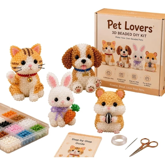 Tiny 3D Beaded Animal DIY Kit, Bead Embroidery Kit, 3D Bead Animal Making Kit for Beginners, Cute Animals Beading Craft Set with Instructions (Pet Lovers)