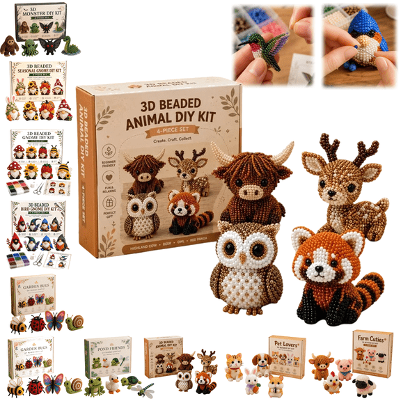 Tiny 3D Beaded Animal DIY Kit, Beginner Friendly Handmade Bead Art Set with 4 Cute Mini Animal Decor, Gift for Crafty Friends And Cat Loving Families,D