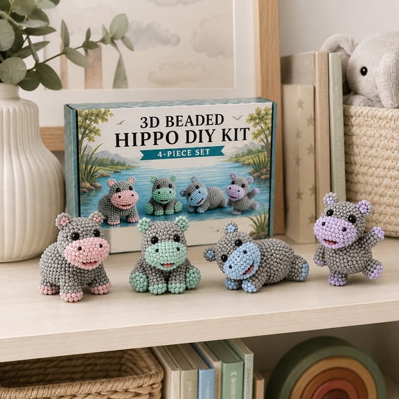 Tiny 3D Beaded Animal DIY Kit – Beginner Friendly Handmade Bead Art Set, Cute Mini Animal Decor Gift for Craft Lovers Hippo