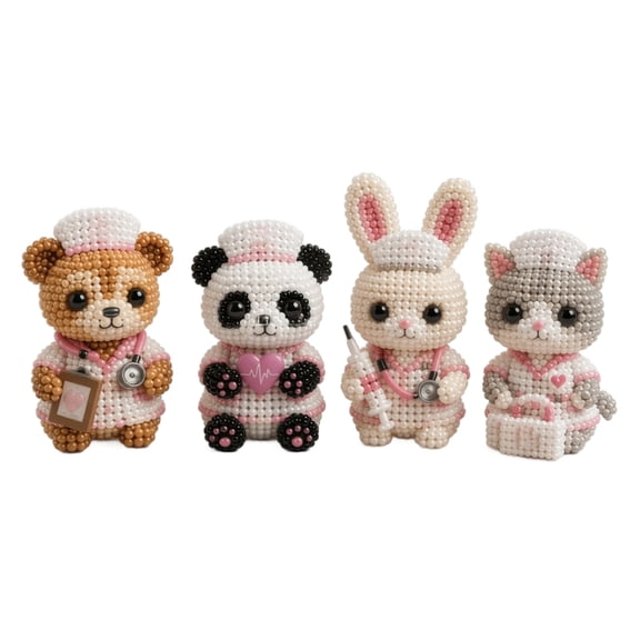Tiny 3D Beaded Animal DIY Kit – Cute Mini Nurse Figurines, Complete Bead Embroidery Set for Adults, Relaxing Handmade Art with Step-by-Step Guide & Storage