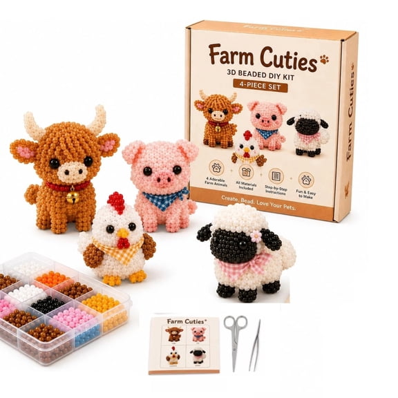 Tiny 3D Beaded Animal DIY Kit, DIY Animal Beading Embroidery Kit, All Accessories Included Beads String Tools Guide, Stress Relief Focus for Adults Teens, Desk Decor Vibrant Charm (Farm Cuties)