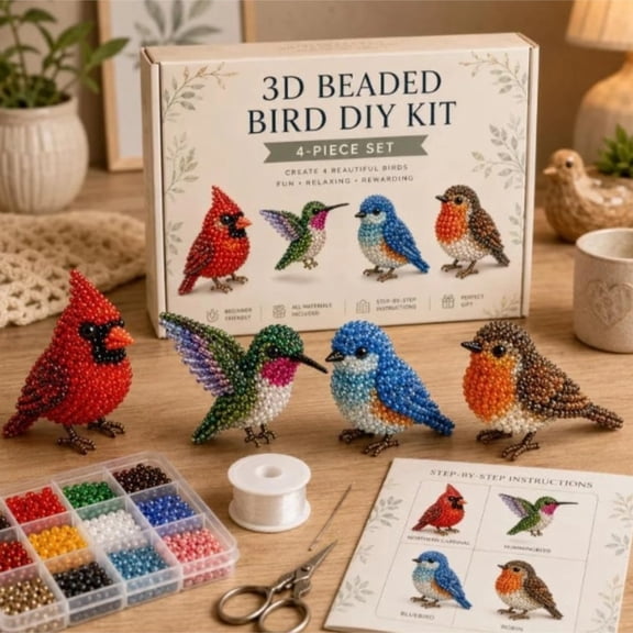Tiny 3D Beaded Animal DIY Kit, DIY Bead Embroidery Kit, 3D Animal Themed Beadwork Kit for Beginners & Craft Enthusiasts (Backyard Birds)