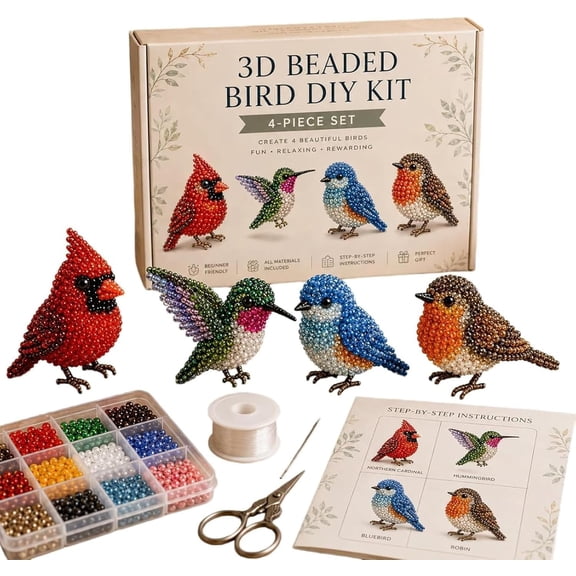 Tiny 3D Beaded Animal DIY Kit, DIY Bead Embroidery Kit, 3D Animal Themed Beadwork Kit for Beginners & Craft Enthusiasts (Backyard Birds)