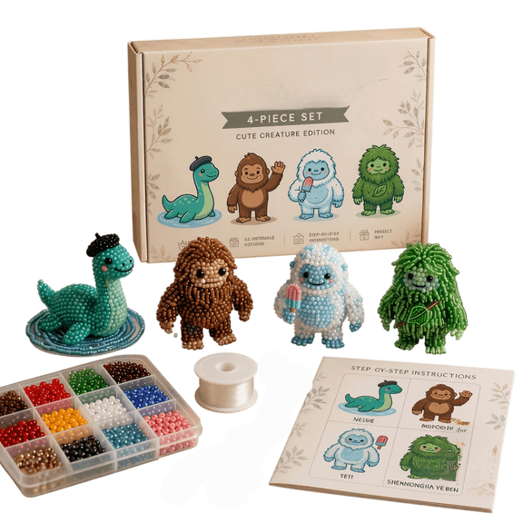 Tiny 3D Beaded Animal DIY Kit, Easy Beading Embroidery Kit to Create 4 Cute Mini Figures, Ideal Craft Gift for Beginners, Teens & Adults