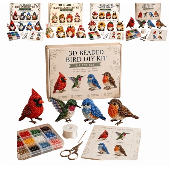 Tiny 3D Beaded Animal DIY Kit, Easy DIY Beading Embroidery Kit with 4 Cute Designs, 3D Animal Themed Beadwork Kit for Beginners & Craft Enthusiasts (Backyard Birds)
