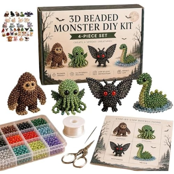 Tiny 3D Beaded Animal DIY Kit, Easy DIY Beading Embroidery Kit with 4 Cute Designs, 3D Animal Themed Beadwork Kit for Beginners & Craft Enthusiasts, with Instructions (Cryptid & Monster)