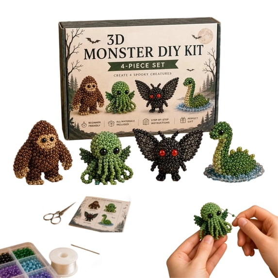 Tiny 3D Beaded Animal DIY Kit Easy DIY Beading Embroidery Kit with 4 Cute Designs, 3D Animal Themed Beadwork Kit for Beginners & Craft Enthusiasts, with Instructions(Cryptid & Monster)