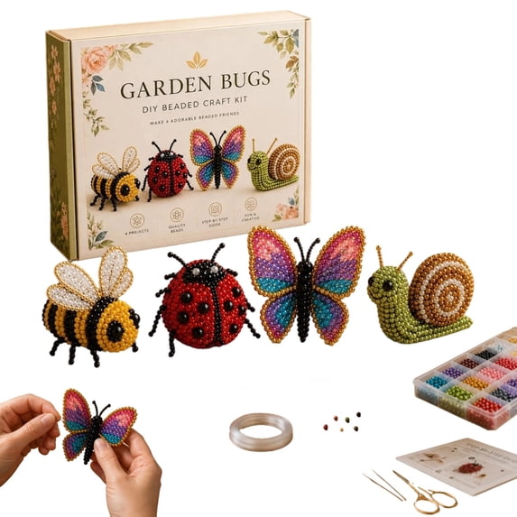 Tiny 3D Beaded Animal DIY Kit, Easy DIY Beading Embroidery Kit with 4 Cute Designs, 3D Animal Themed Beadwork Kit for Beginners & Craft Enthusiasts, with Instructions(Garden Bugs)