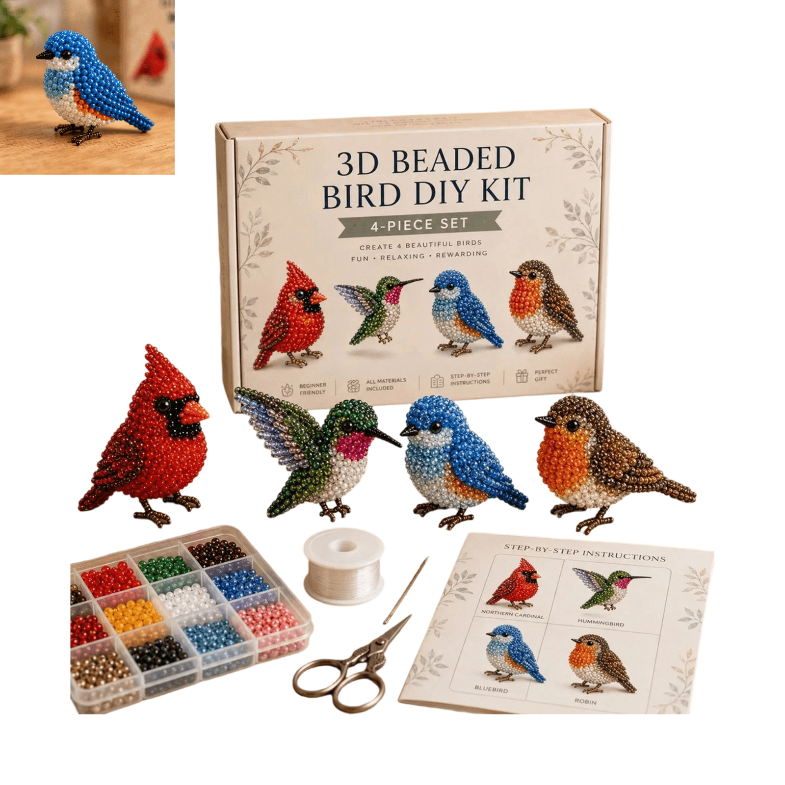 Tiny 3D Beaded Animal DIY Kit, Easy DIY Beading Embroidery Kit with 4 Cute Designs, Compact Beaded Animal Making Kit, Fashion DIY Craft Gift for Daily Gifting and Handmade Collection A