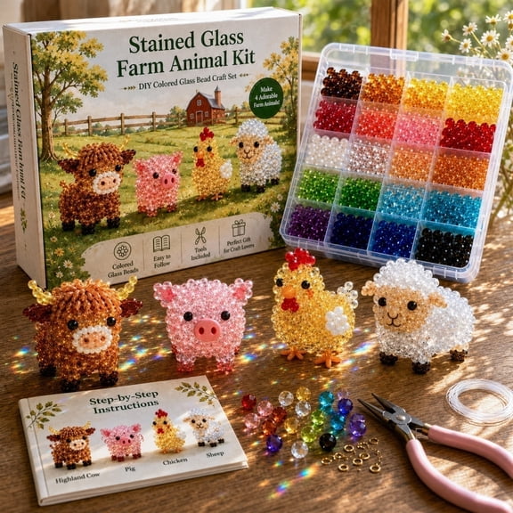 Tiny 3D Beaded Animal DIY Kit, Easy DIY Beading Embroidery Kit with 4 Cute Designs, DIY Petite 3D Beaded Animal Craft Kit for Beginners & Craft Enthusiasts, with Instructions(Farm animals)
