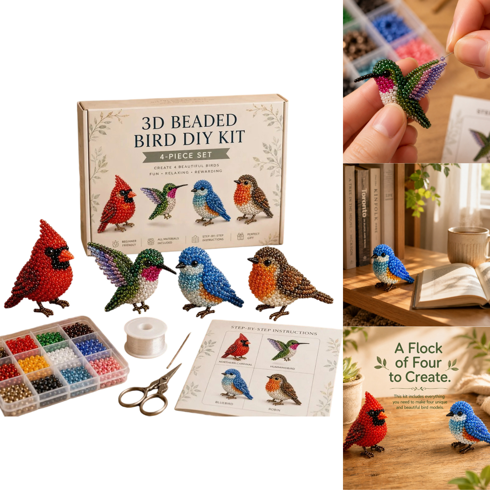 Tiny 3D Beaded Animal DIY Kit, Easy DIY Beading Embroidery Kit with 4 Cute Designs, Pre-sorted Beads Craft Kit, Portable Handcraft Making Set Suitable for All Skill Level Crafters A