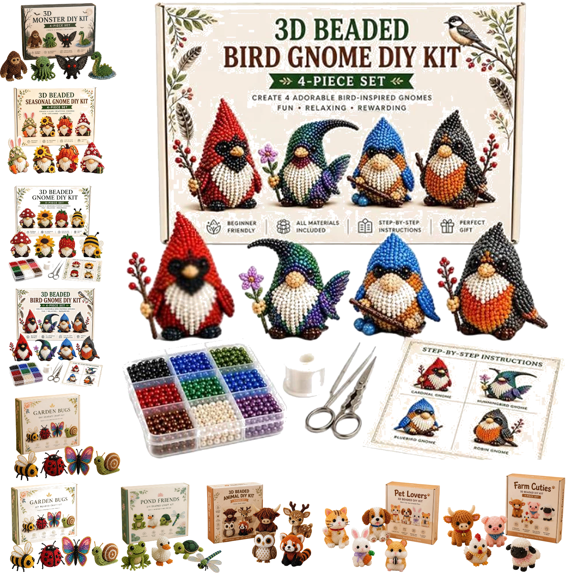 Tiny 3D Beaded Animal DIY Kit, Easy DIY Beading Embroidery Kit with 4 Cute Designs, Pre-sorted Beads Craft Kit, Portable Handcraft Making Set Suitable for All Skill Level Crafters