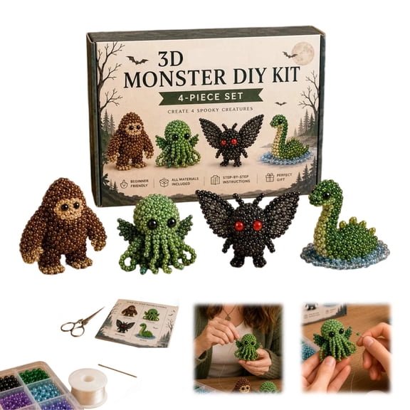 Tiny 3D Beaded Animal DIY Kit Glass Seed Beads 4 Patterns Animal Craft Set for Adults Teens Beginners Miniature Holiday Handcrafted Gift(Cryptid & Monster)