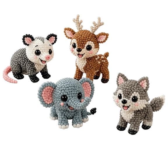 Tiny 3D Beaded Animals DIY Kit, 2.32.30.78in Woodland Creatures Craft Set, Deer Elephant Wolf and Opossum , Beginner Friendly Handmade Beaded Toy Kit