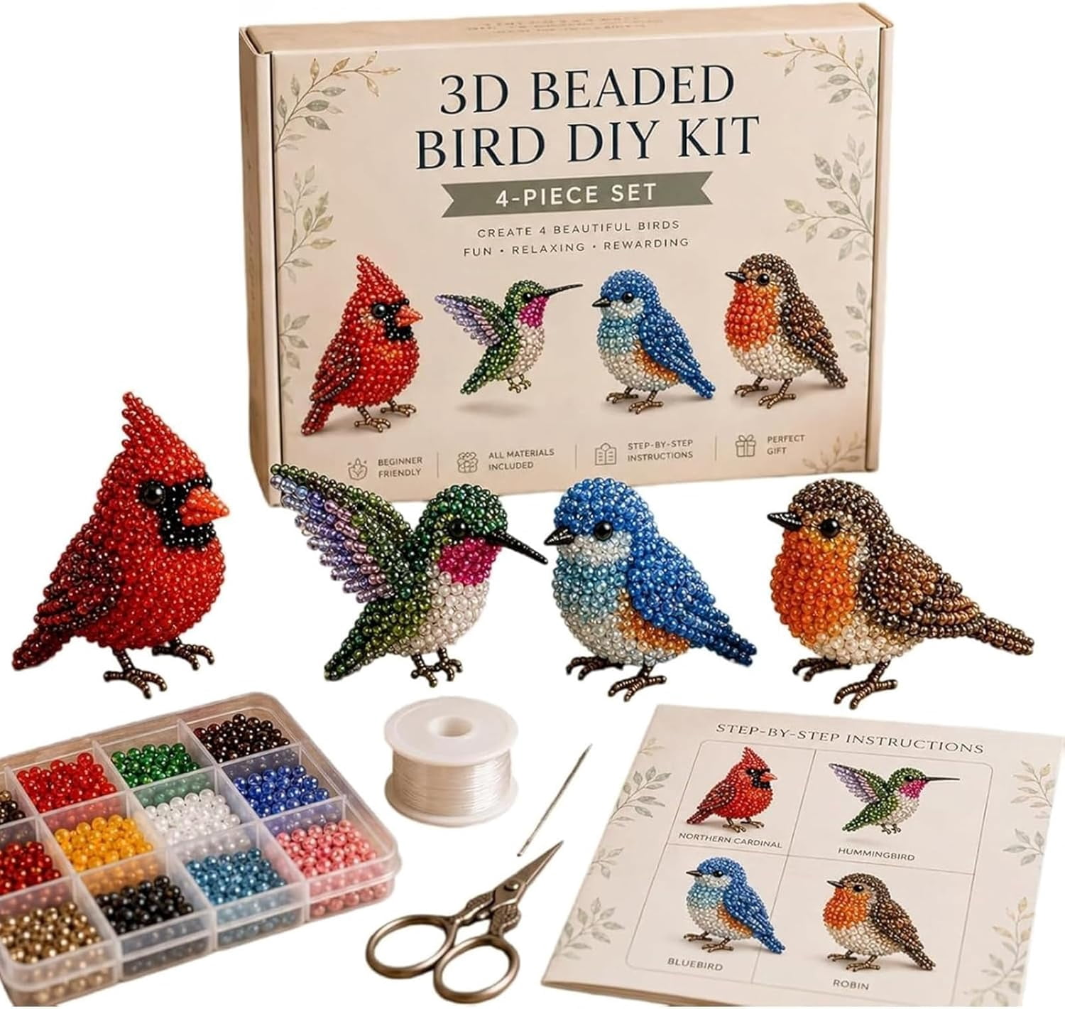Tiny 3D Beaded Bird DIY Kit, Easy DIY Beading Embroidery Kit with 4 Cute Designs, 2026 New 3D Animal Educational Craft Kit for Beginners and Craft Enthusiasts with Instructions Scissors Storage Box