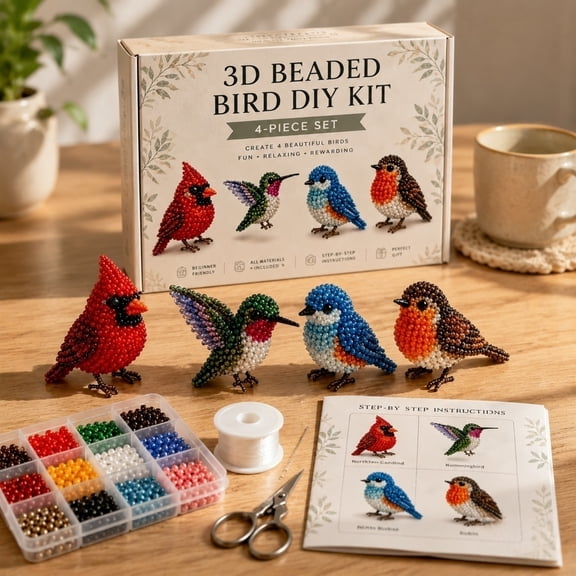 Tiny 3D Beaded Bird DIY Kit, Easy DIY Beading Embroidery Kit with 4 Cute Designs, 3D Animal Beadwork Kit for Beginners & Craft Enthusiasts, DIY Handmade Art Accessory with Instructions and Scissors
