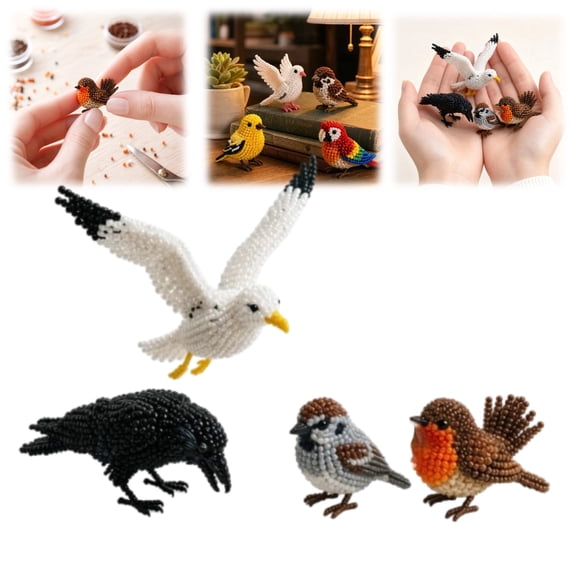 Tiny 3D Beaded Bird Kit, 4-Piece Mini Bird Figurines Beading Set, Easy DIY Craft Kit for Beginners, Cute Desk Decor & Stress Relief Gift