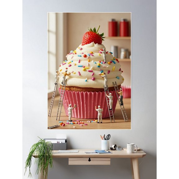 Tiny Bakers On Giant Cupcake Poster Wall Art, Modern Wall Decor For Living Room Bedroom, 12x18 UNFRAMED