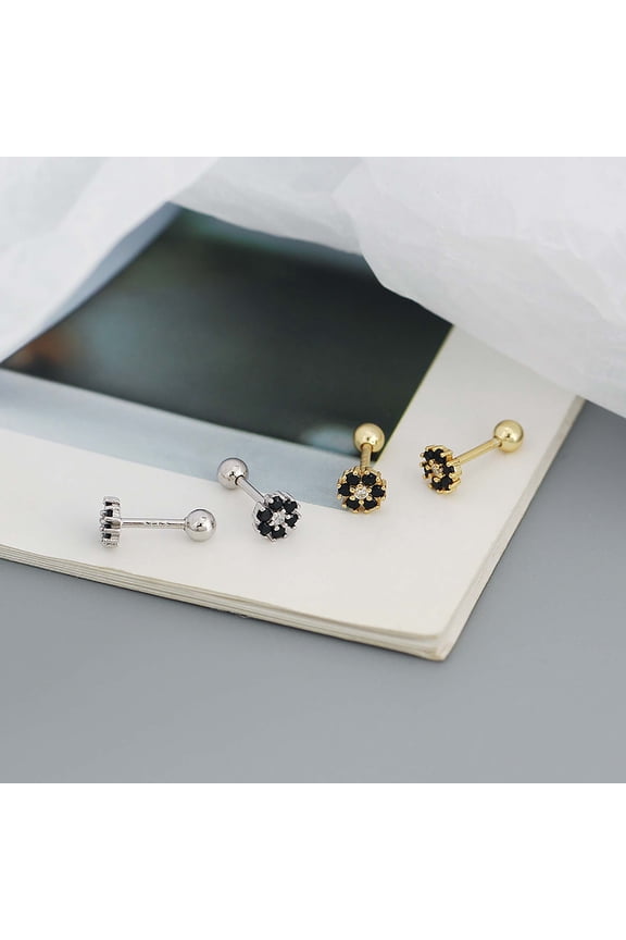 Tiny Black Onyx Flower Stud Earrings, Sterling Silver Studs, Small Stud Earrings, Dainty Minimalist Cartilage Tragus Stud Earrings, Gold & Silver