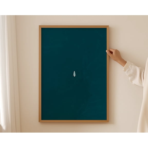 Tiny Boat in Ocean Print | Dark Aqua Sea Water Art | Nautical Beach Decor | Beach House Decor | Minimalist Art | Physical Art Print Option, 24x36 UNFRAMED