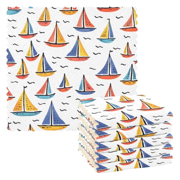 Tiny Boats Pattern Dish Towels 6 Pack Kitchen Cleaning Dish Cloths Absorbent Reuseable Cleaning Cloths 11'' x 11''