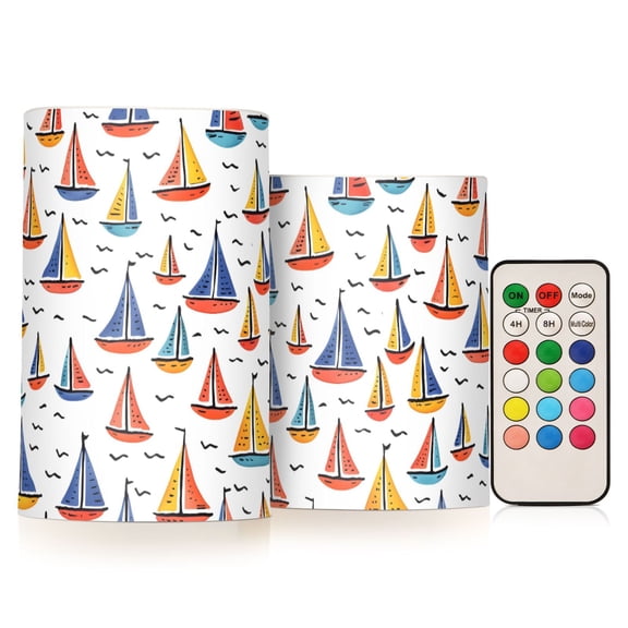 Tiny Boats Pattern Flameless LED Candle Set with Remote, Battery Operated Color Changing Pillar Candles, Set of 2