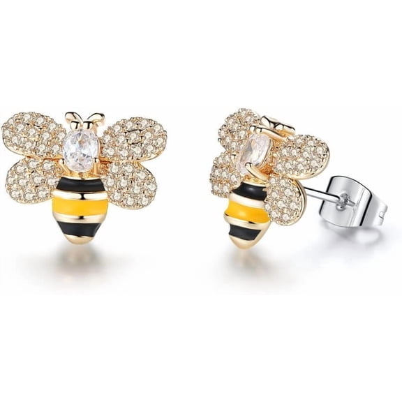 Tiny Bumblebee Stud Earrings for Women Sparkling Cubic Zirconia Crystal Cute Honeybee Cartilage Earring Statement Studs Piercing Hypoallergenic Christmas Jewelry