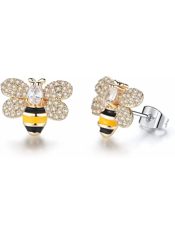 Tiny Bumblebee Stud Earrings for Women Sparkling Cubic Zirconia Crystal Cute Honeybee Cartilage Earring Statement Studs Piercing Hypoallergenic Christmas Jewelry