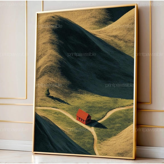 Tiny Cabin in the Hills Art Print Aerial Minimalist Landscape Modern Nature Calm Wall Decor, Unframed Canvas 16x20in