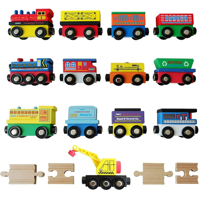 Tiny Conductors 12 Wooden Train Cars, 1 Bonus Crane, 4 Bonus Connectors ...