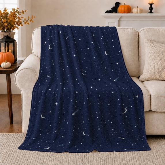 Tiny Crescent Moons and Stars on Deep Navy Sky, Minimal Celestial Night Pattern for Stargazers, Birthday Gift, Cozy Flannel Blanket for Bedroom and Lounge, Starry Home Decor