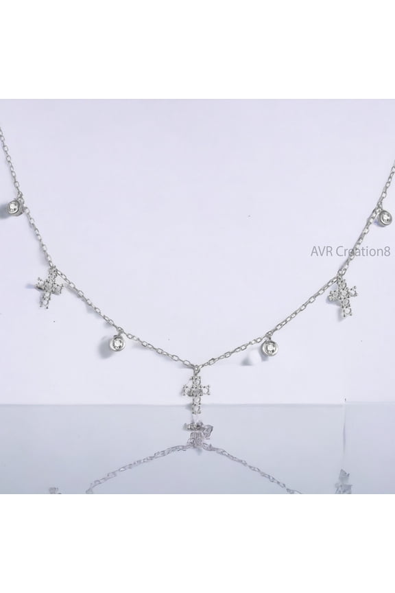 Tiny Cross Station Women Necklace Pendant, Diamond Station Necklace, 925 Sterling Silver, Daily Wear Gift