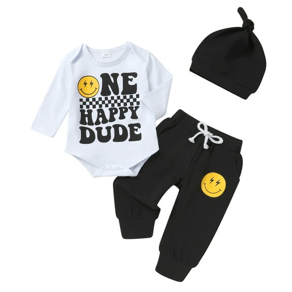 Tiny Cutey Baby Boy 1st Birthday Outfit Fall Winter Long Sleeve Bodysuit Romper Pants Hat Coming Home Outfit Clothes Set for 0-3 Months