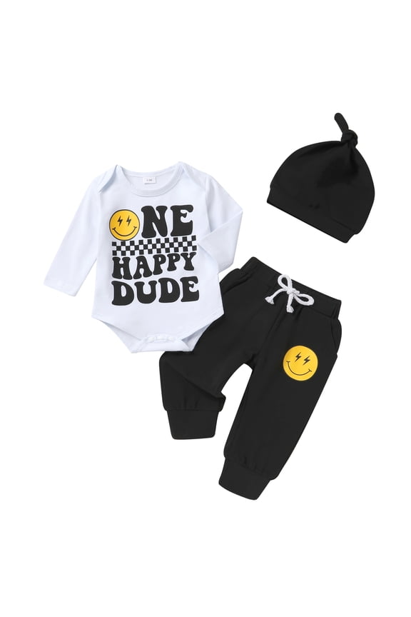 Baby Boy 1st Birthday Outfit Fall Winter Long Sleeve Bodysuit Romper Pants Hat Coming Home Outfit Clothes Set for 3-6 Months