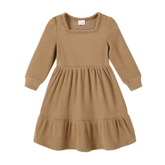 Tiny Cutey Baby Girl Dress Clothes Fall Long Sleeve Square Neck Solid Vintage Dresses Outfit Set for 3-4T