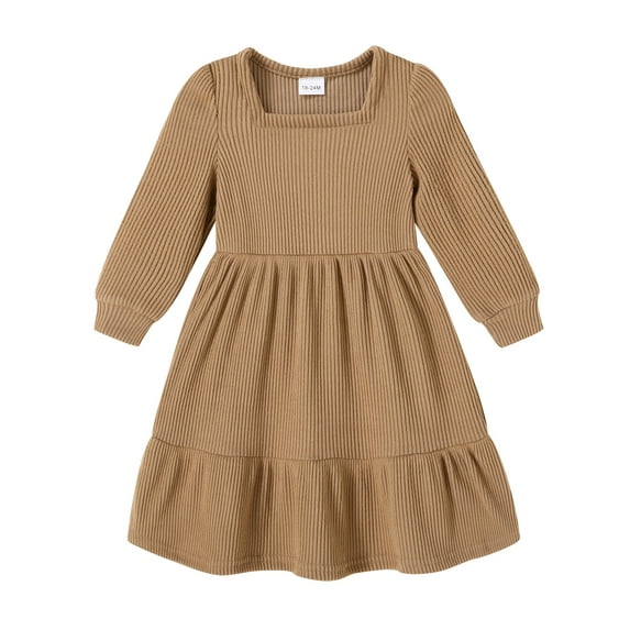 Tiny Cutey Baby Girl Dress Clothes Fall Long Sleeve Square Neck Solid Vintage Dresses Outfit Set for 3-4T