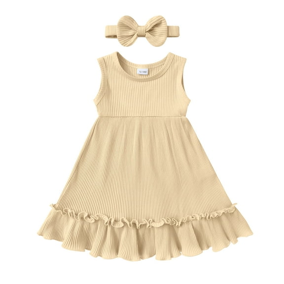 Tiny Cutey Baby Girl Dress Kid Summer Sleeveless Solid Beach Casual Dresses Sundress Clothes with Headband for 2-3T