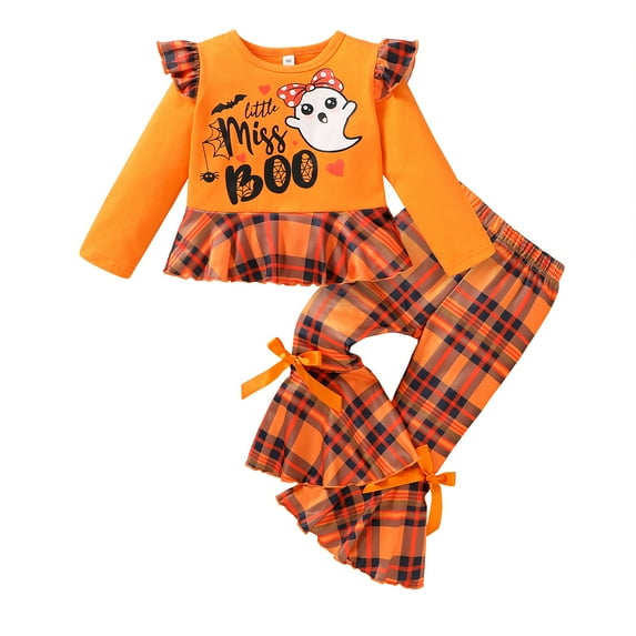 Tiny Cutey Baby Girl Halloween Clothes Outfit Long Sleeve Ghost Pumpkin Top Pants Set,3-4T