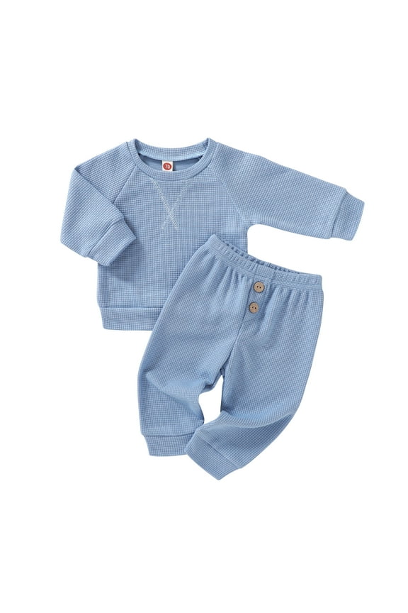 Infant Baby Boy Fall Clothes Outfits Toddler Waffle Solid Long Sleeve Top Pants Winter Set,6-12M