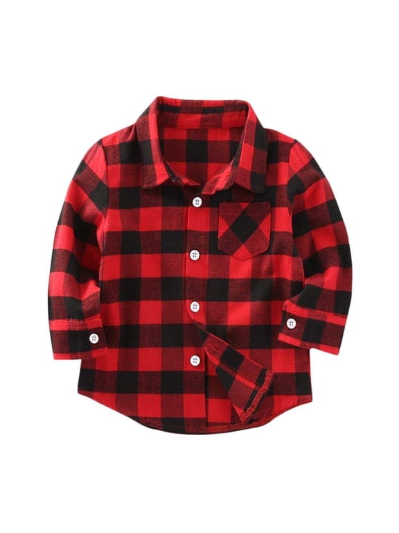 Toddler Baby Boy Christmas Red Long Sleeve Button Down Plaid Flannel Shirt,12-18 Months