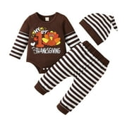 Tiny Cutey Toddler Baby Boy Girl Thanksgiving Clothes Outfit Turkey Striped Long Sleeve Romper Pants Hat Set