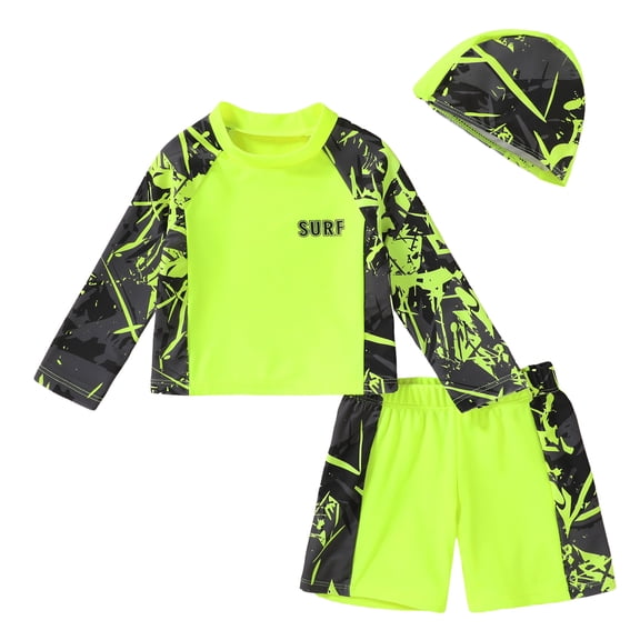 Tiny Cutey Toddler Boys Swimsuit Baby Long Sleeve Top Shorts Trunks Bathing Suit Set Swimwear Outfit with Hat for 18-24 Months