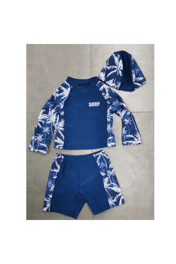 Toddler Boys Swimsuit Baby Long Sleeve Top Shorts Trunks Bathing Suit Set Swimwear Outfit with Hat for 6-12 Months