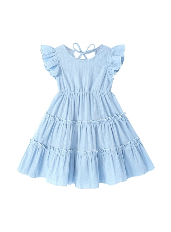 Toddler Baby Girl Dress Summer Ruffle Sleeve Solid Beach Boho Dresses Sundress Clothes for 4-5T
