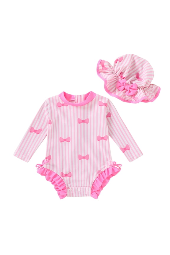 Toddler Girl Swimsuit Baby Long Sleeve One-Piece Rash Guard Bathing Suit with Hat for 12-18 Months